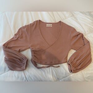 Urban Outfitters soft dusty pink, v-neck, faux wrap, ribbed crop top, M